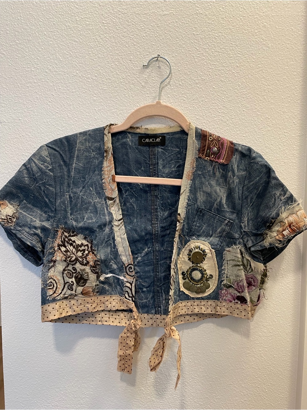 Denim Patchwork Tie-Front Cropped Jacket - Blue
